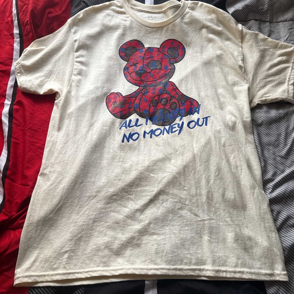 Beige Graphic T-Shirt with Red Bear Design